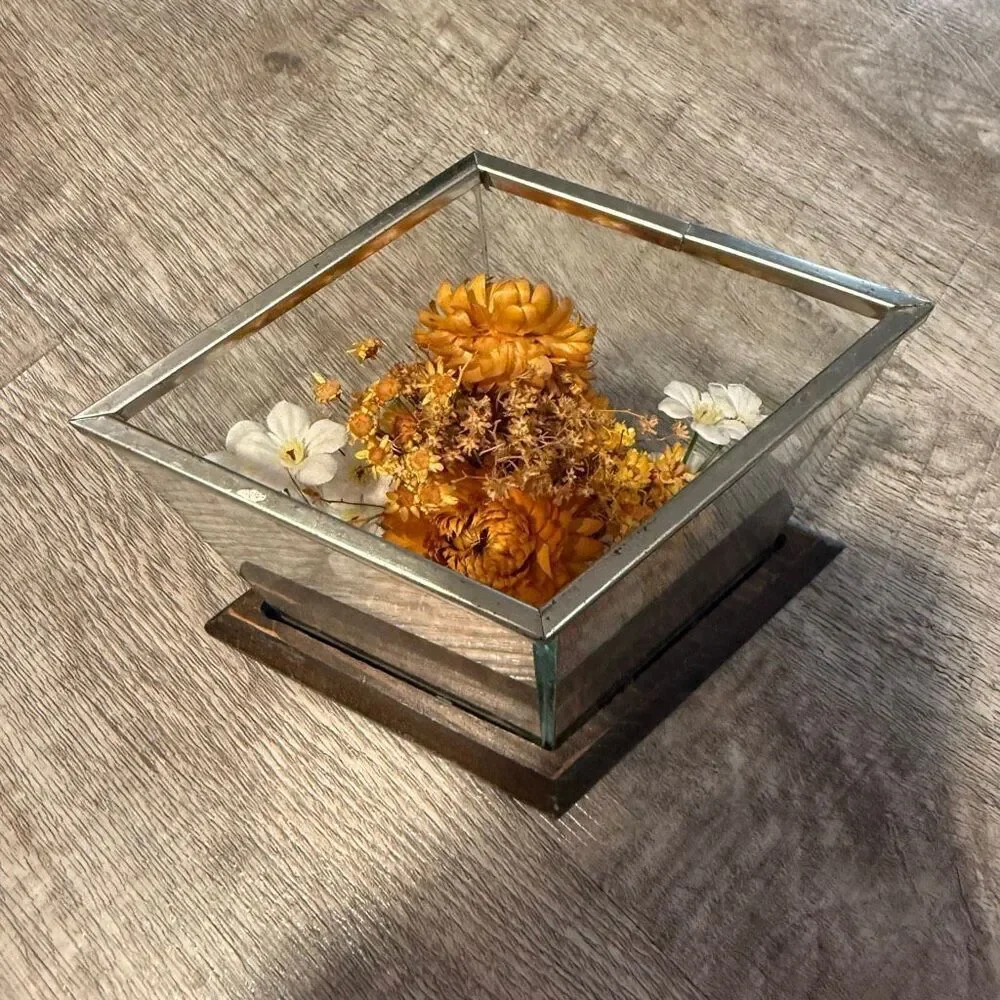 Leonard Creations Dried Flower Arrangement 6” Tall Glass Box Wood Terrarium